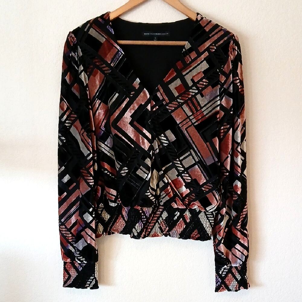 White House Black Market Dark Geometric Shapes Velvet Blouse